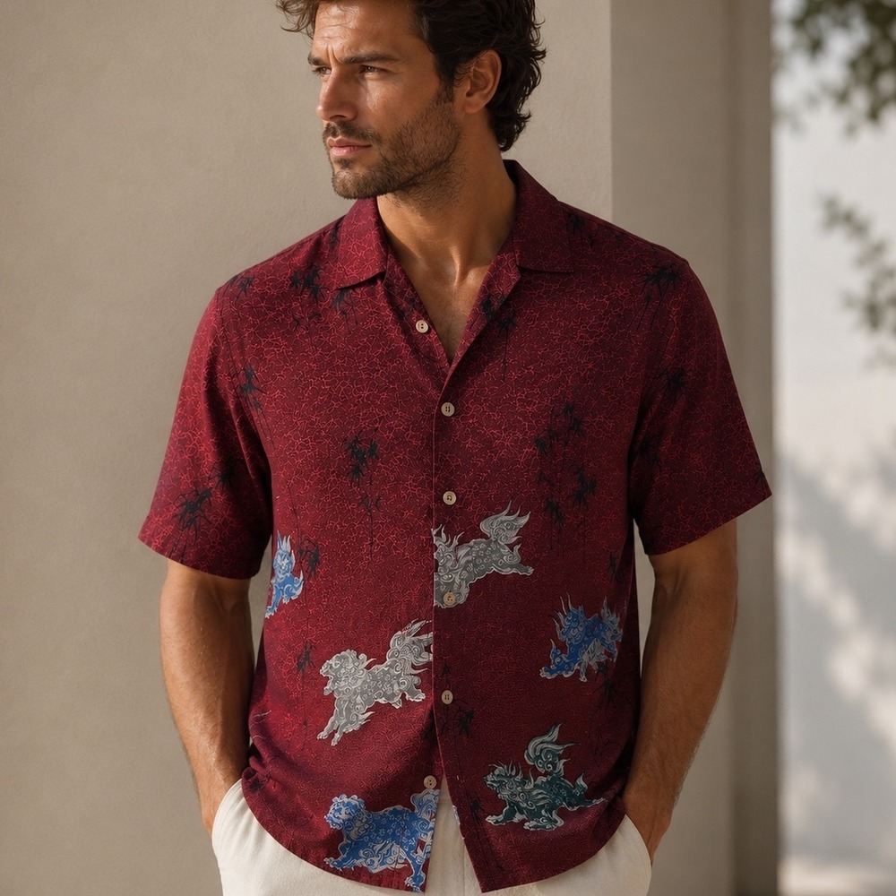 Citron Silk Button Down Shirt Mens M Burgundy Foo Dog Bamboo‎ Asian Print